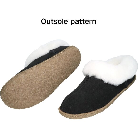 Women's Black White Fuzzy Leather Collar Wool Lining Warm Slipper Boot Shoes - Picture 4 of 6